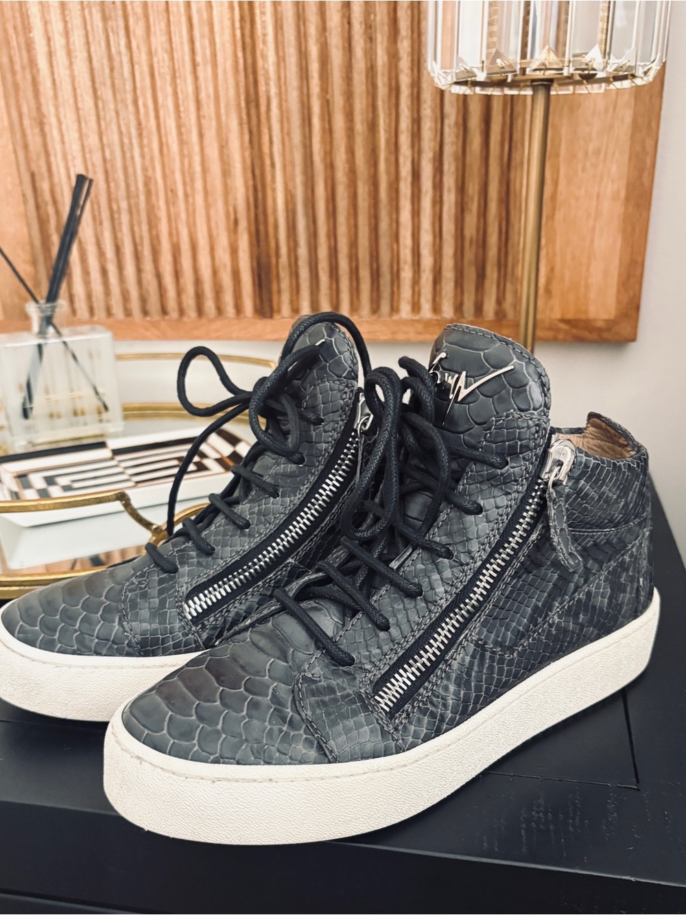 Giuseppe Zanotti High-Top Sneakers in Charcoal Snake-Embossed Leather